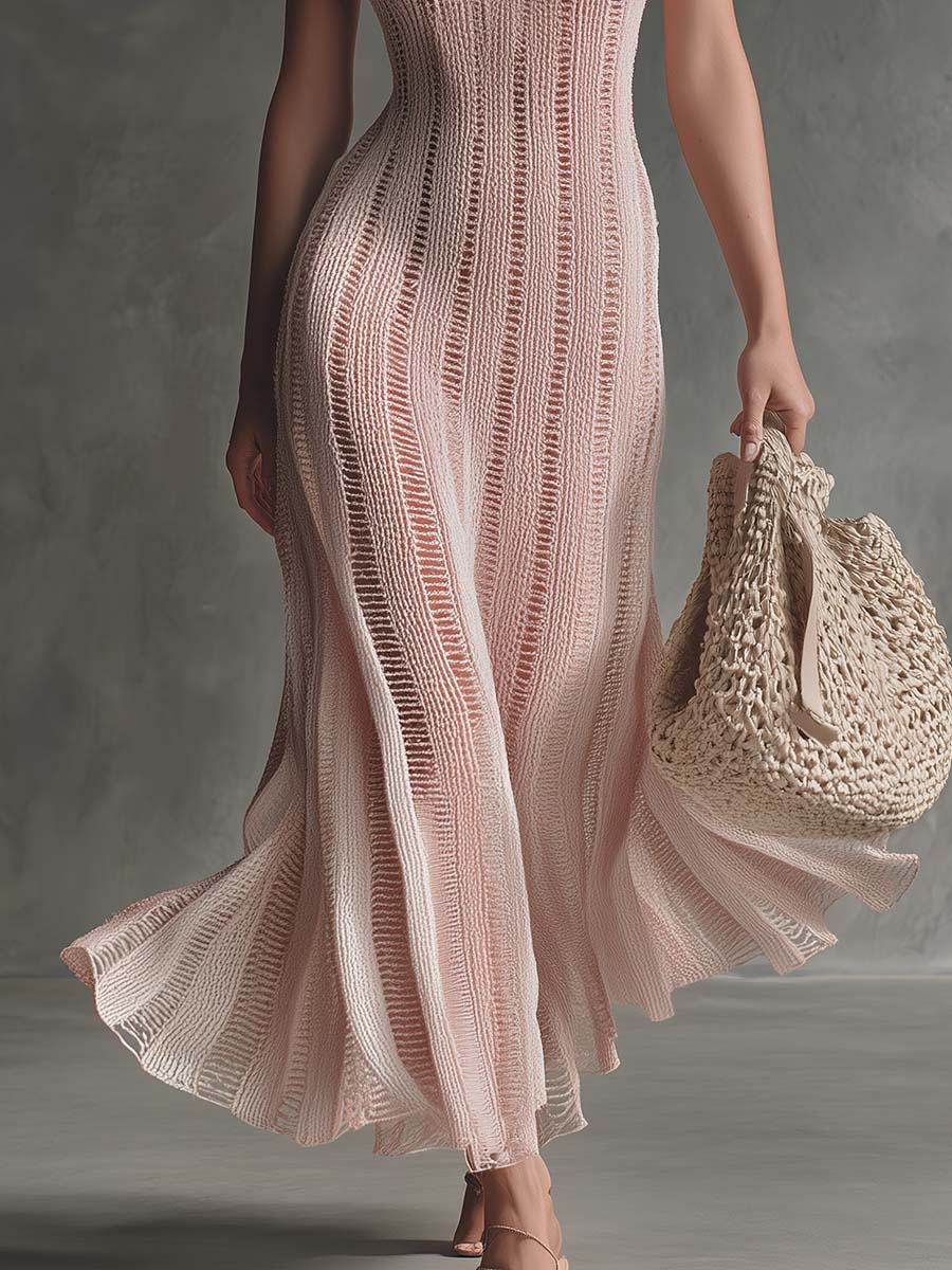 Retro Flowy Vacation Pink Breathable Open-Knit V-Neck Maxi Dress