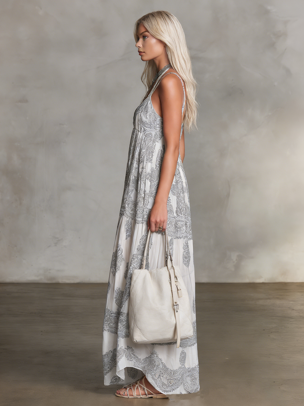 Casual and Relaxed Sleeveless Round Neck Ethnic Print Chiffon Long Dress