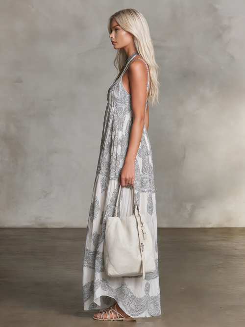 Casual and Relaxed Sleeveless Round Neck Ethnic Print Chiffon Long Dress
