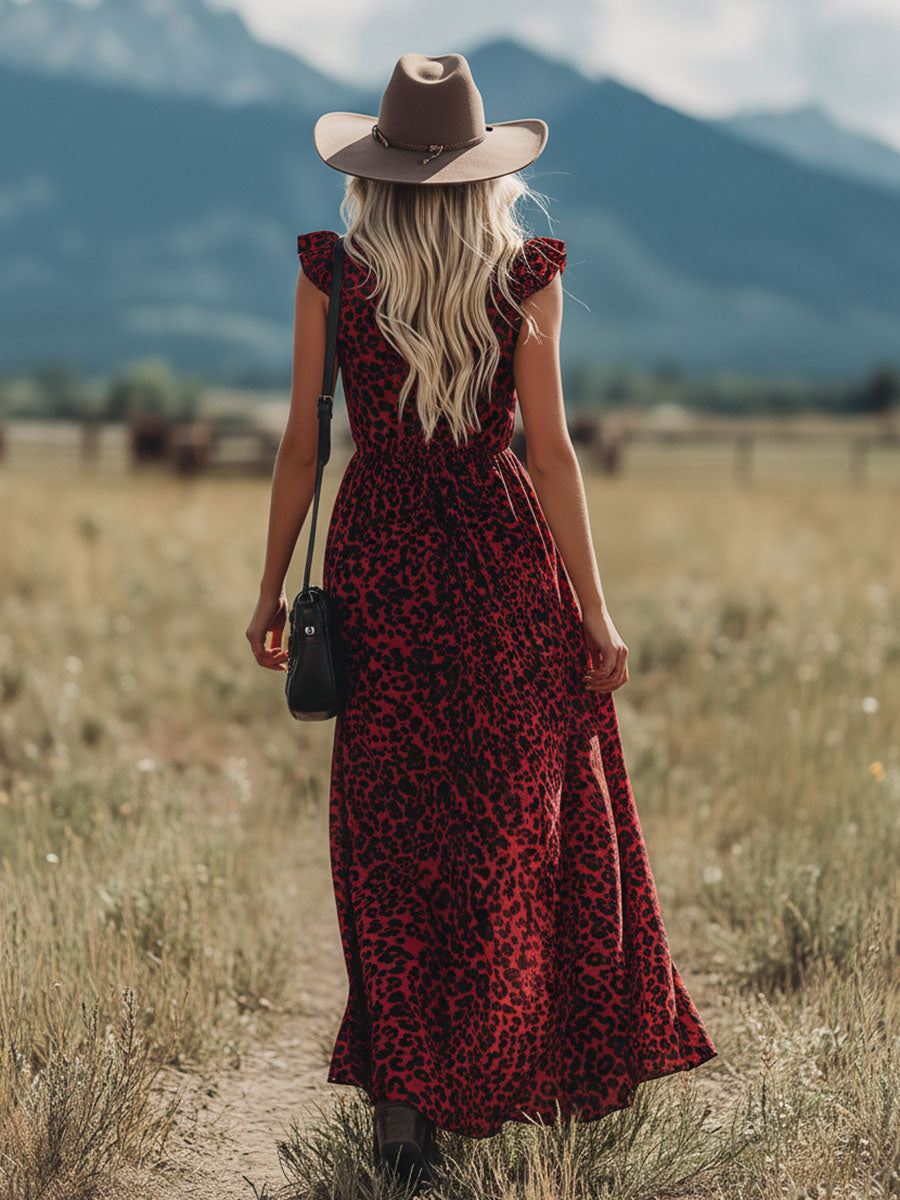Western Bohemian Style V-neck Leopard Print Sleeveless Chiffon Maxi Dress