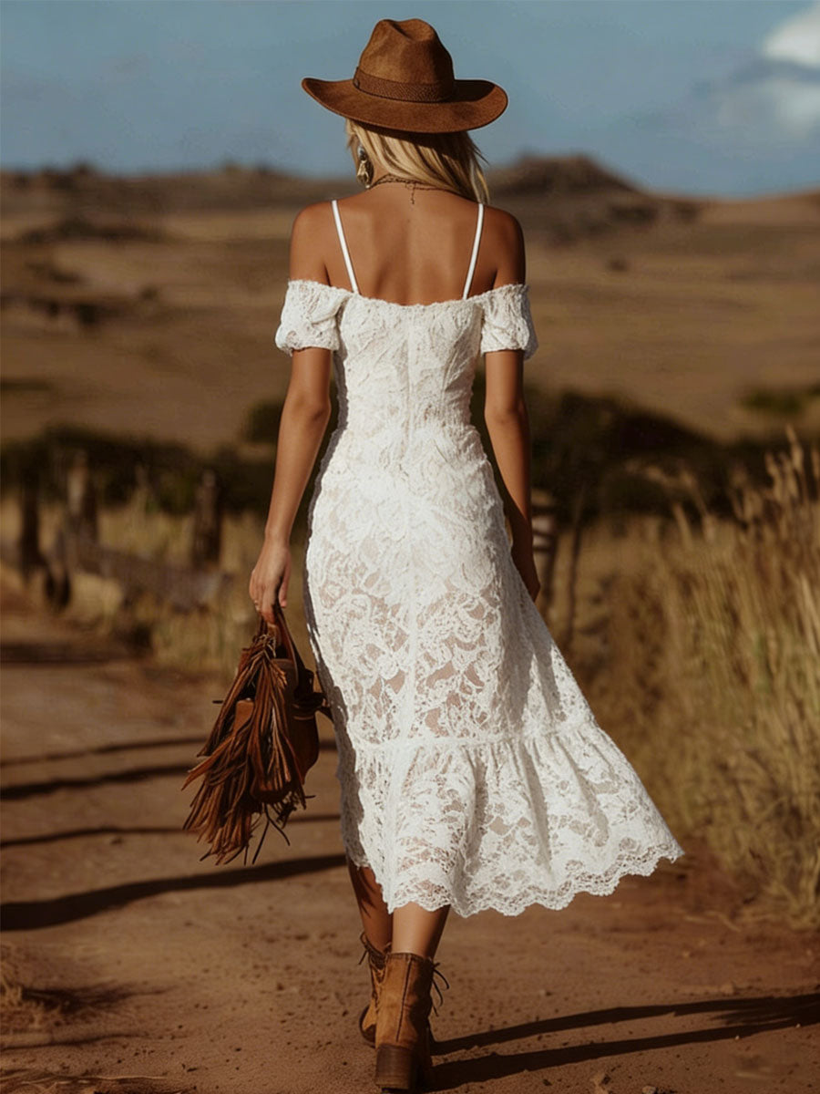 Retro Off-Shoulder Short-Sleeved Lace Midi Dress