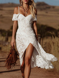 Retro Off-Shoulder Short-Sleeved Lace Midi Dress