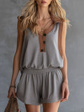 Retro Sporty-Trimmed Grey Cotton Sleeveless Shorts Jumpsuit