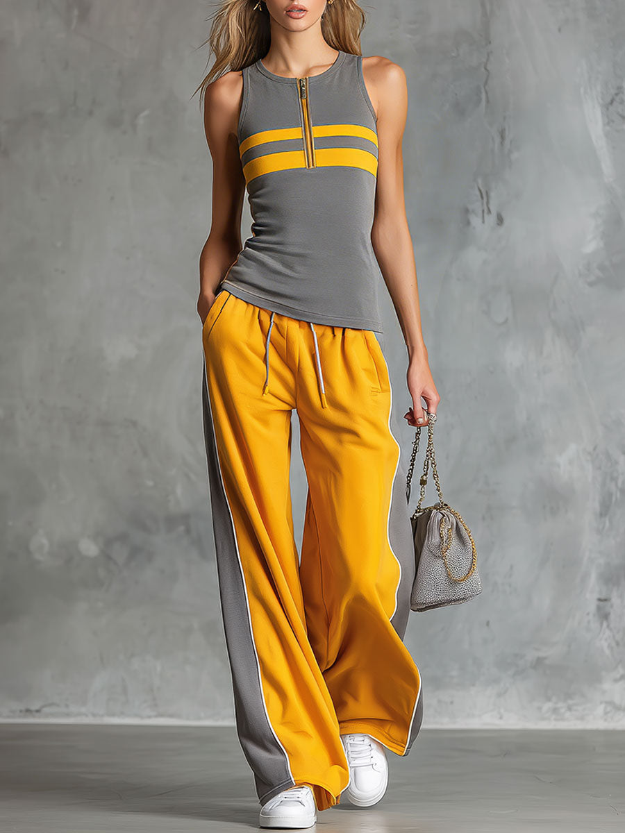 Casual Retro Grey And Yellow Colour-Block Sleeveless Top And Wide-Leg Trousers Set