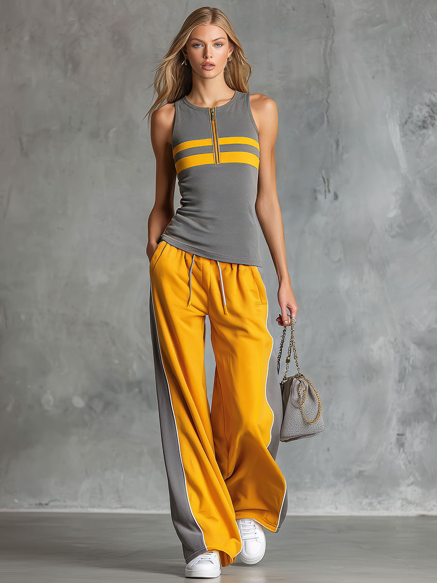 Casual Retro Grey And Yellow Color-Block Sleeveless Top And Wide-Leg Pants Set