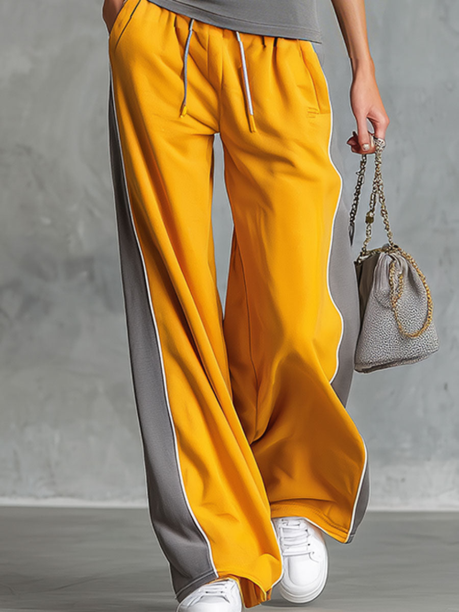Casual Retro Grey And Yellow Colour-Block Sleeveless Top And Wide-Leg Trousers Set