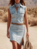 Western Bohemian Retro Light Blue Denim Sleeveless Slit Mini Dress