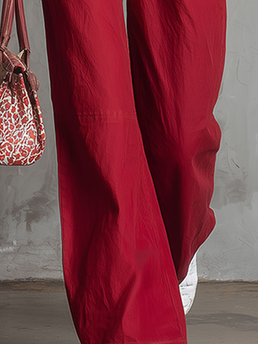 Casual Retro Red Collared Button Sleeveless Cotton-Linen Blend Jumpsuit