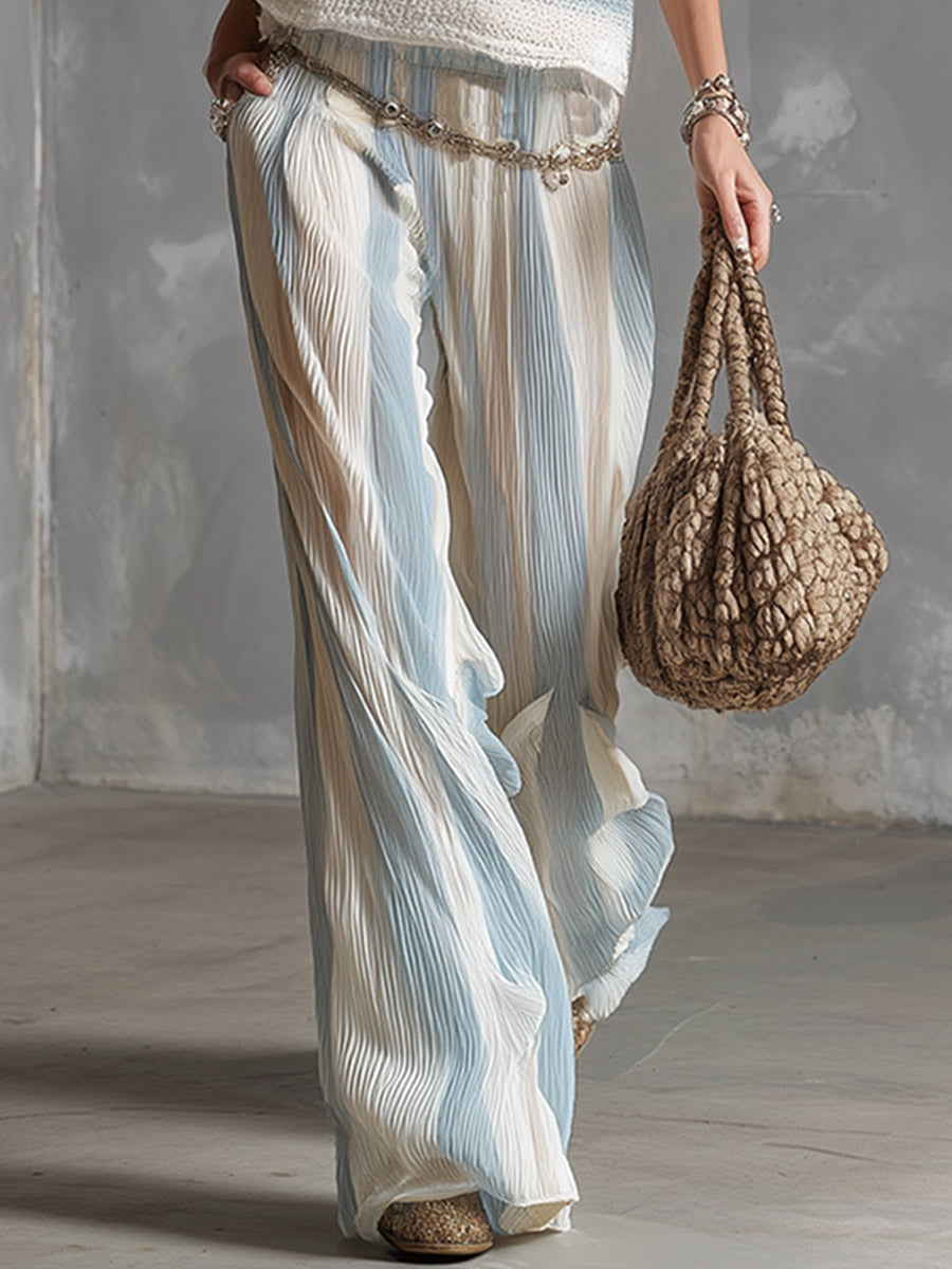 Elegant Striped Knit Top and Striped Crinkled Chiffon Wide-Leg Pants Set