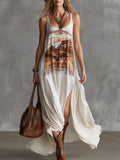 Retro Western Print White Chiffon Sleeveless Maxi Dress