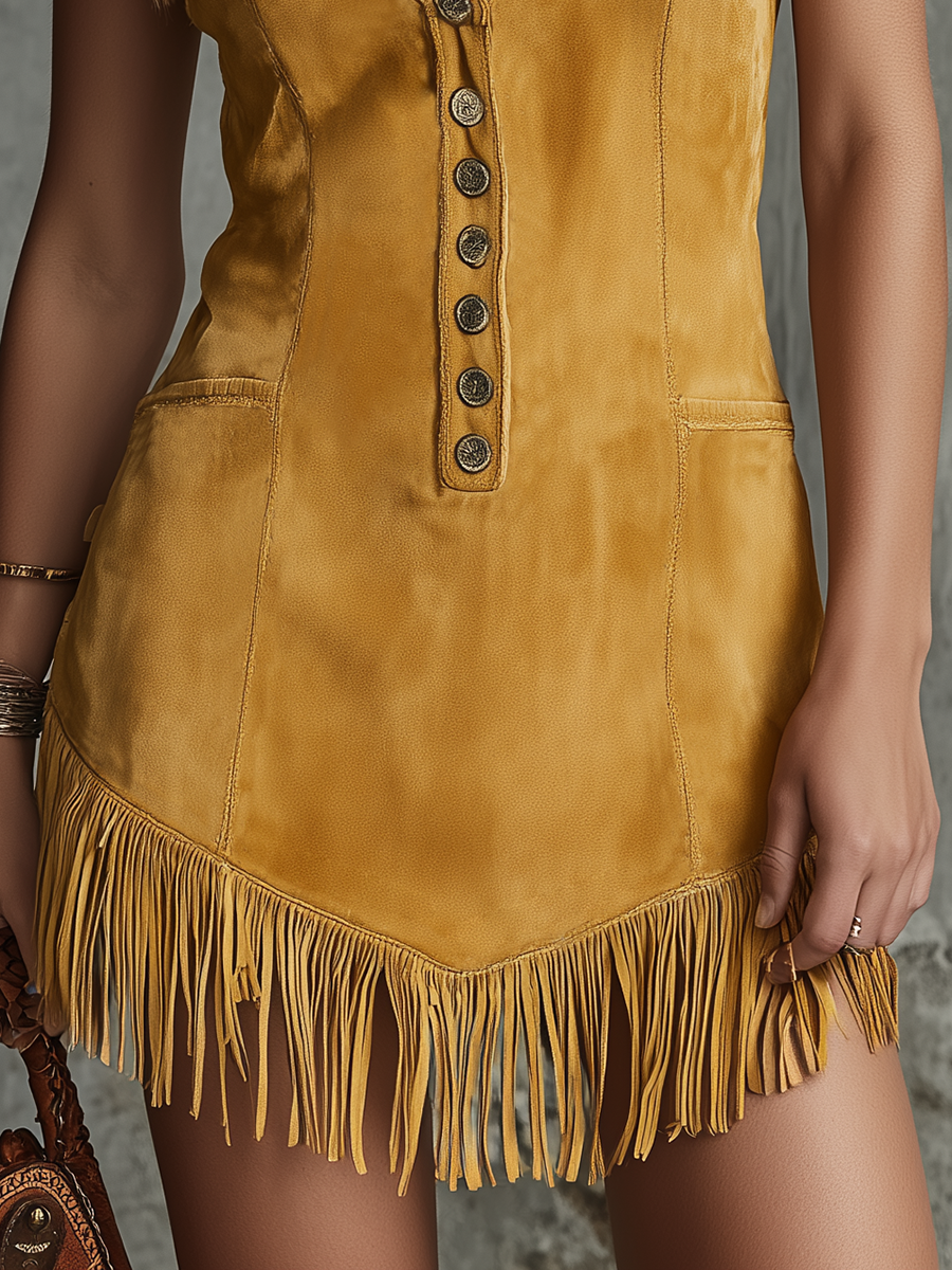 Retro V-Neck Metal Decorative Buttons Tassels Faux Suede Mini Dress