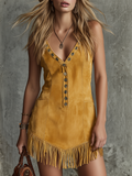Retro V-Neck Metal Decorative Buttons Tassels Faux Suede Mini Dress