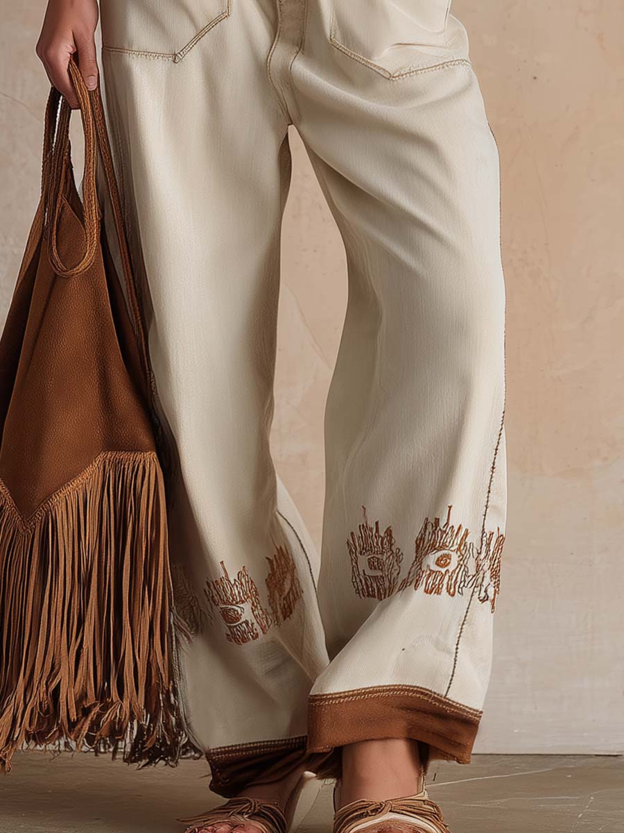 Retro Western Versatile Beige Cropped Jeans