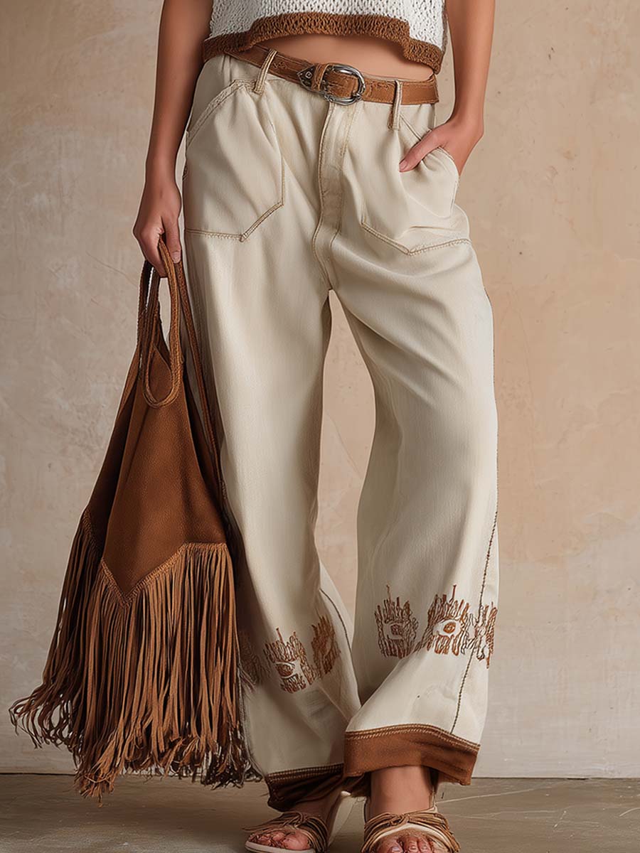 Retro Western Versatile Beige Cropped Jeans