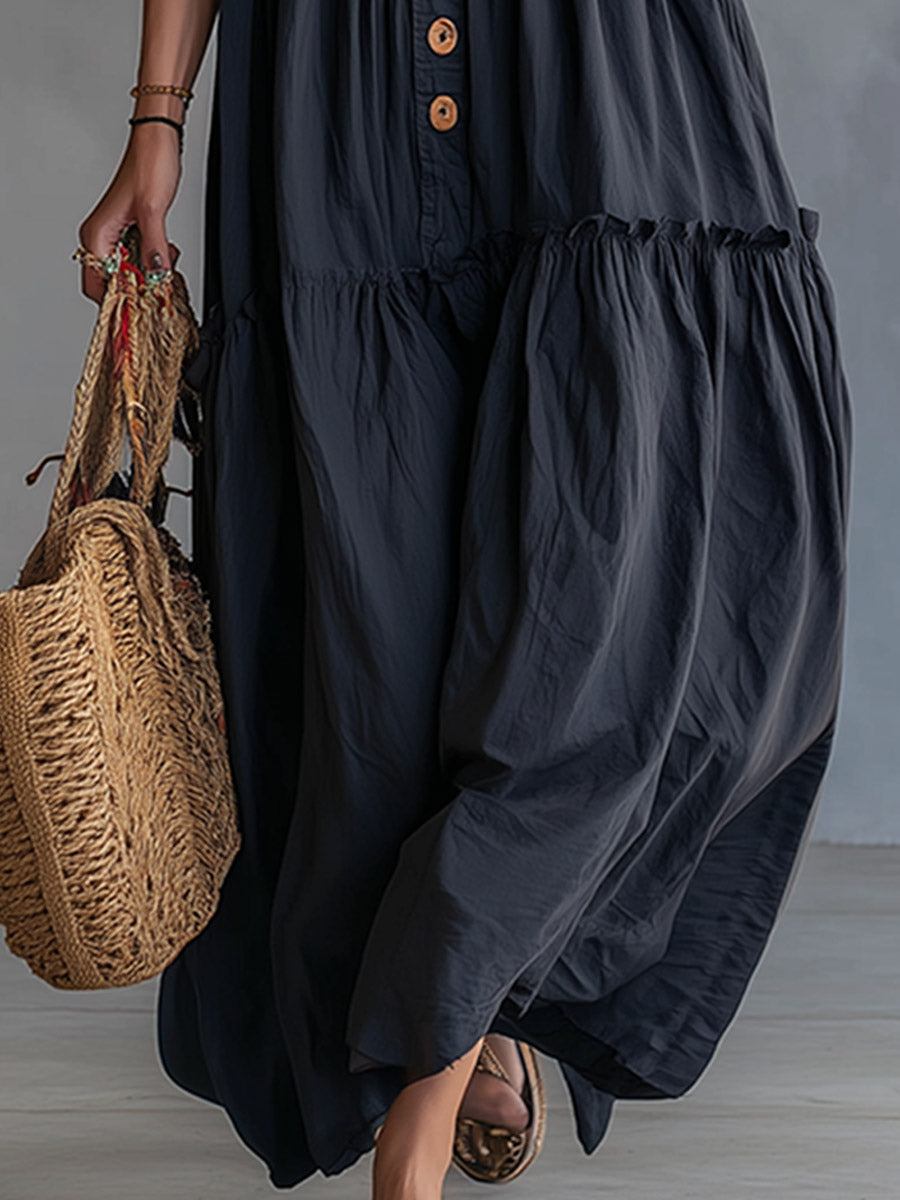 Retro Bohemian Lace-Trimmed Black Cotton Sleeveless Maxi Dress