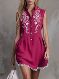 Casual Retro Tassel Embroidered Plum Red Sleeveless Cotton And Linen Blend Mini Dress