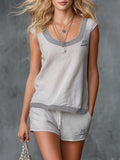 Retro Athletic-Striped Light Grey Cotton Top and Shorts Set