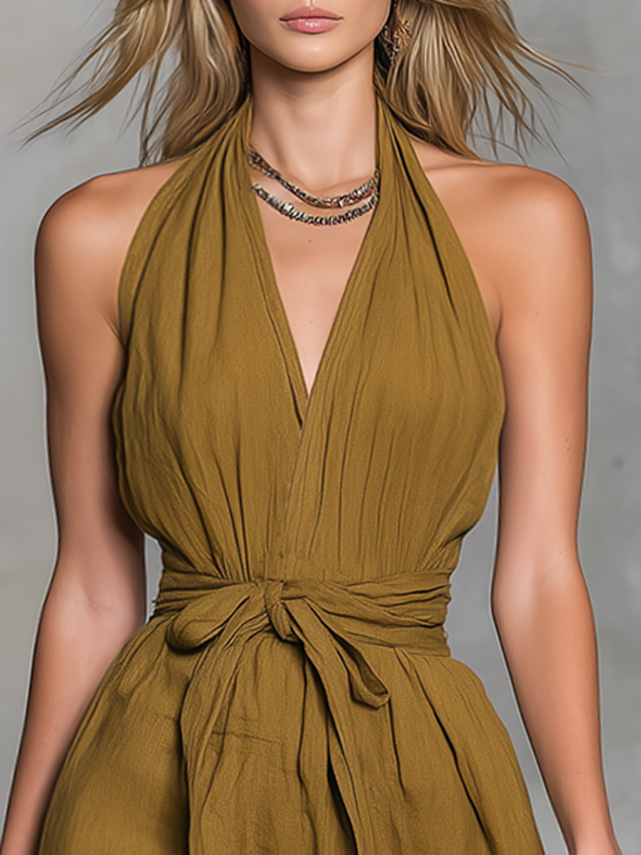 Casual Retro Halter-Neck Sleeveless Solid-Colour Mini Dress