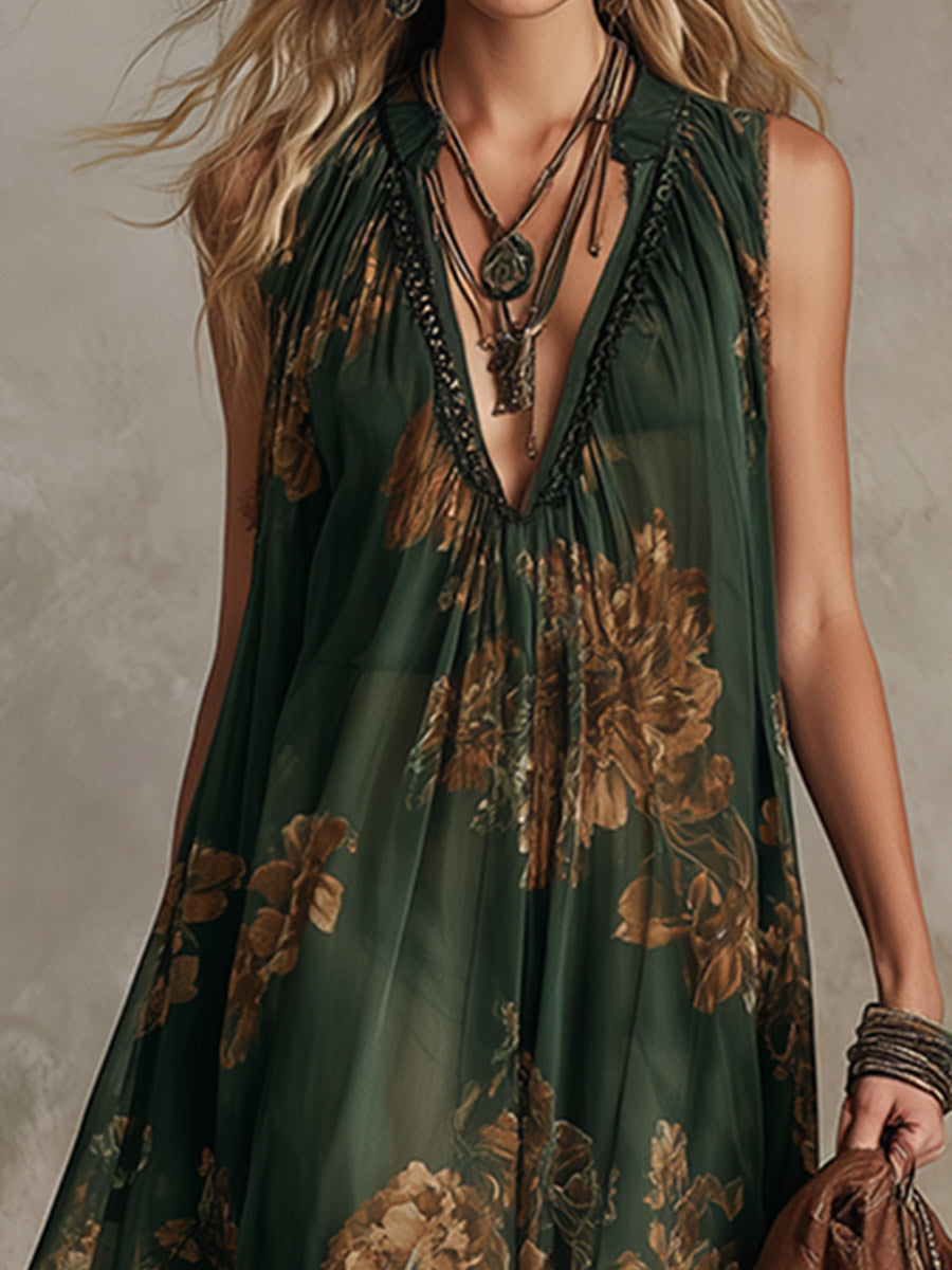 Retro-Silhouette Green Chiffon Floral-Print Sleeveless Maxi Dress
