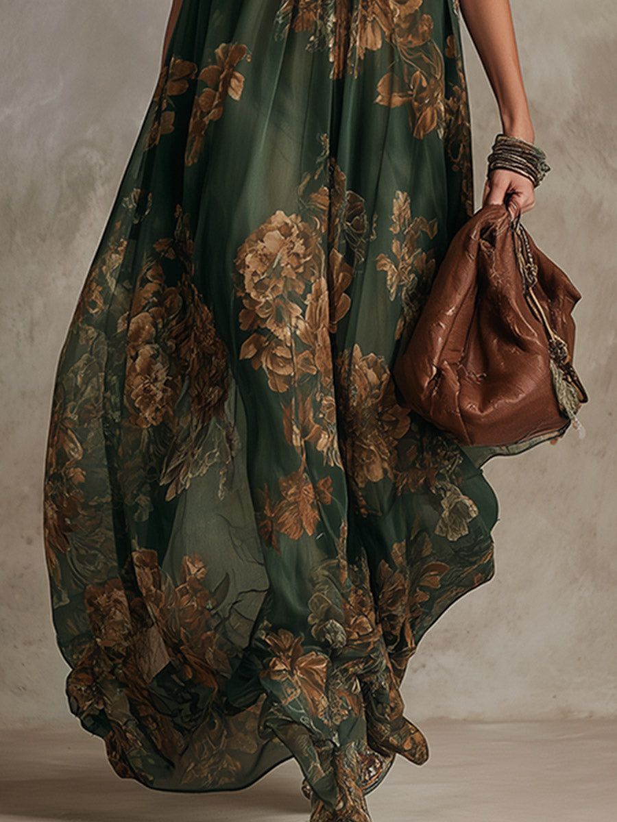 Retro-Silhouette Green Chiffon Floral-Print Sleeveless Maxi Dress