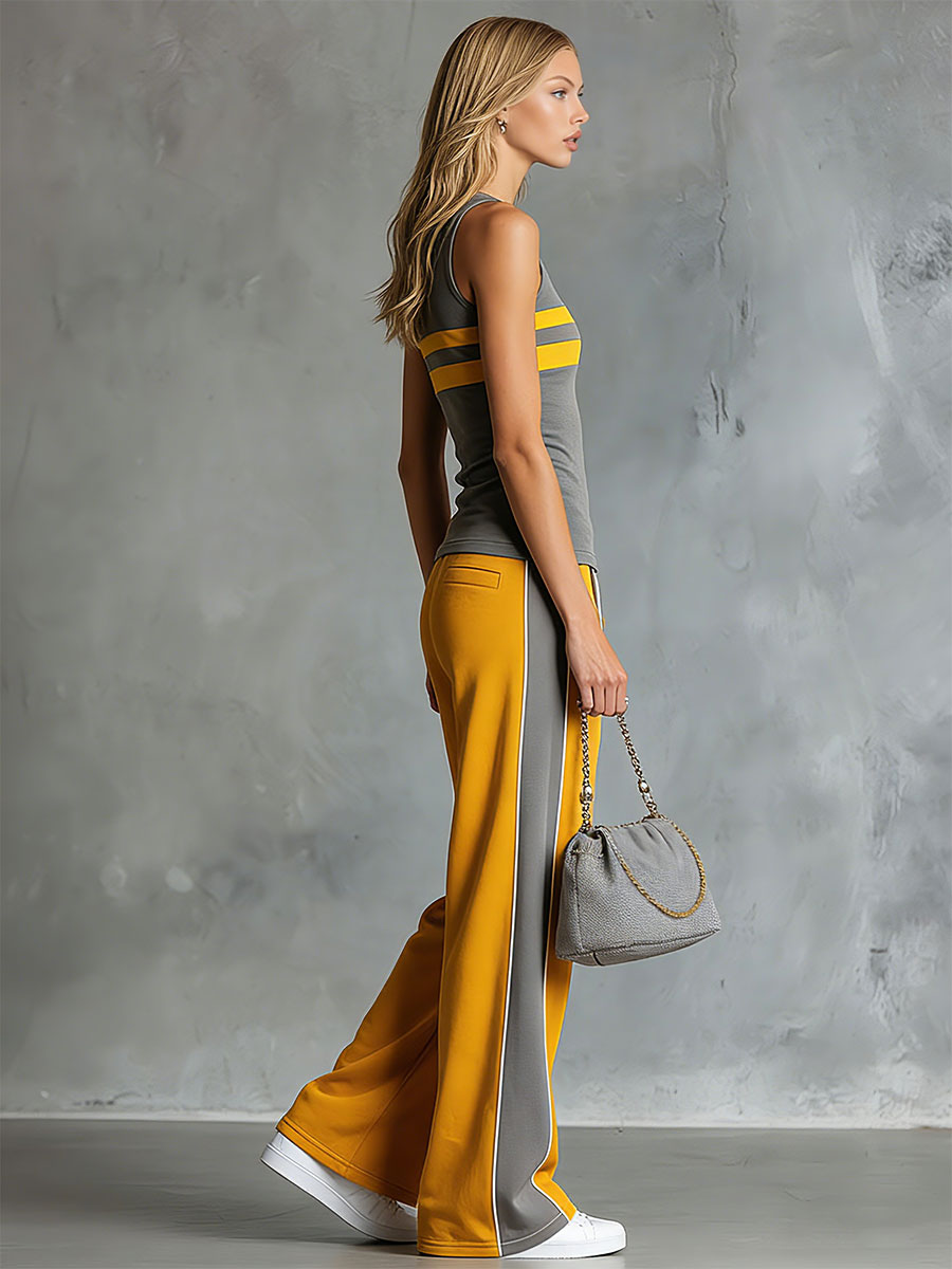 Casual Retro Grey And Yellow Colour-Block Sleeveless Top And Wide-Leg Trousers Set