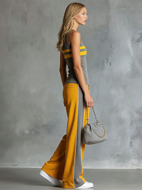 Casual Retro Grey And Yellow Color-Block Sleeveless Top And Wide-Leg Pants Set
