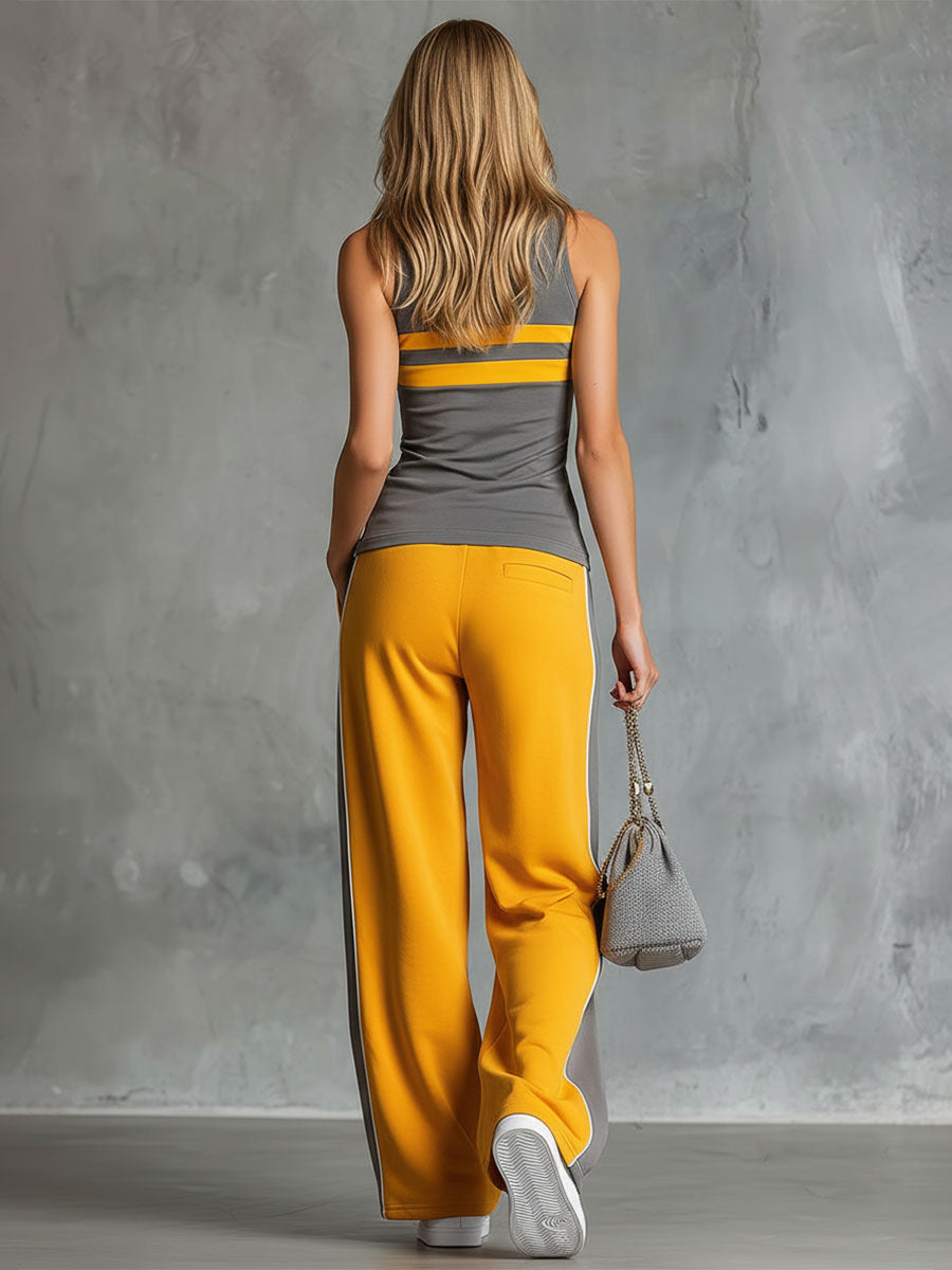 Casual Retro Grey And Yellow Color-Block Sleeveless Top And Wide-Leg Pants Set