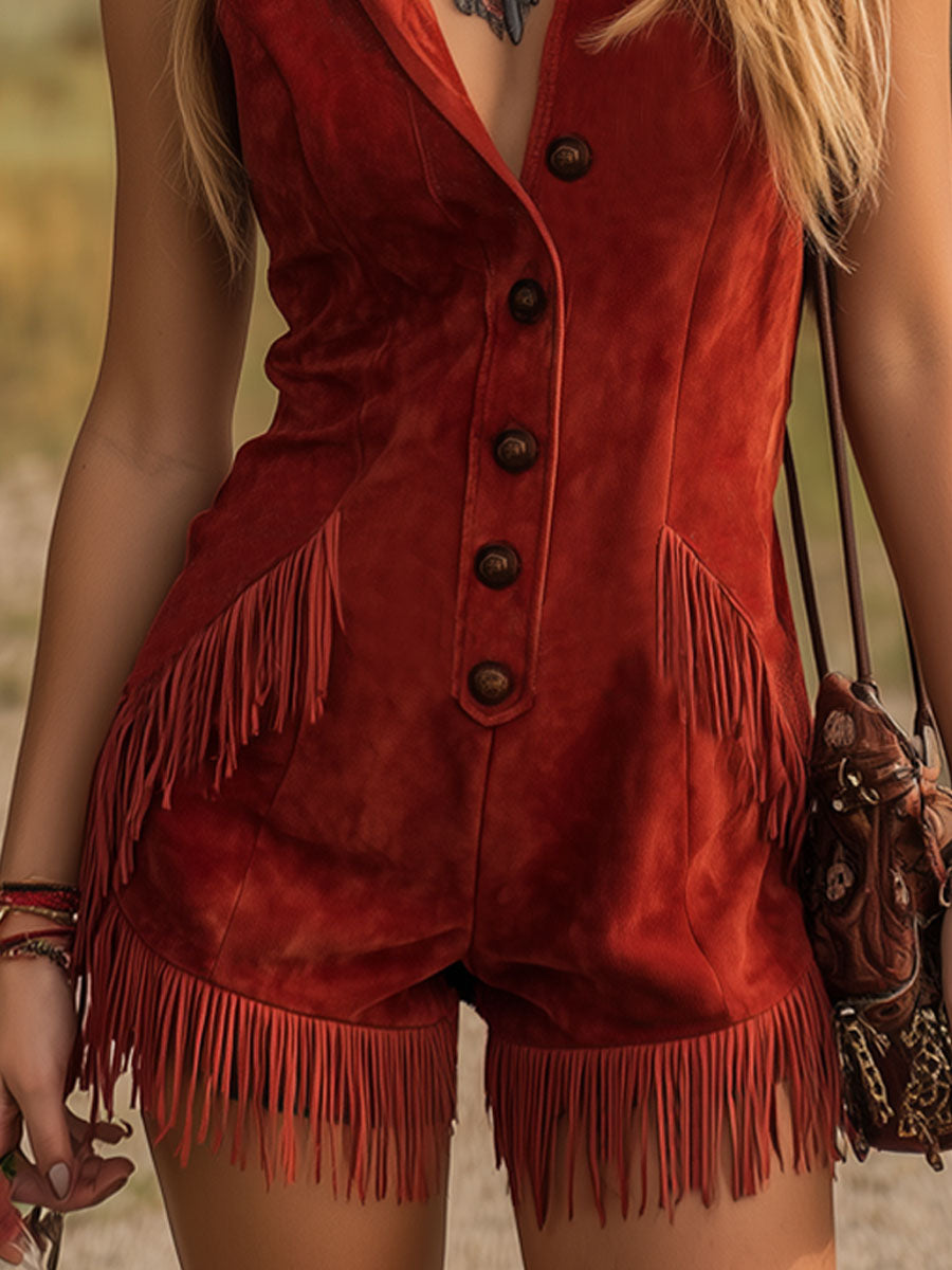 Western-style Retro Collared Button Sleeveless Faux Suede Tassel Short Jumpsuit
