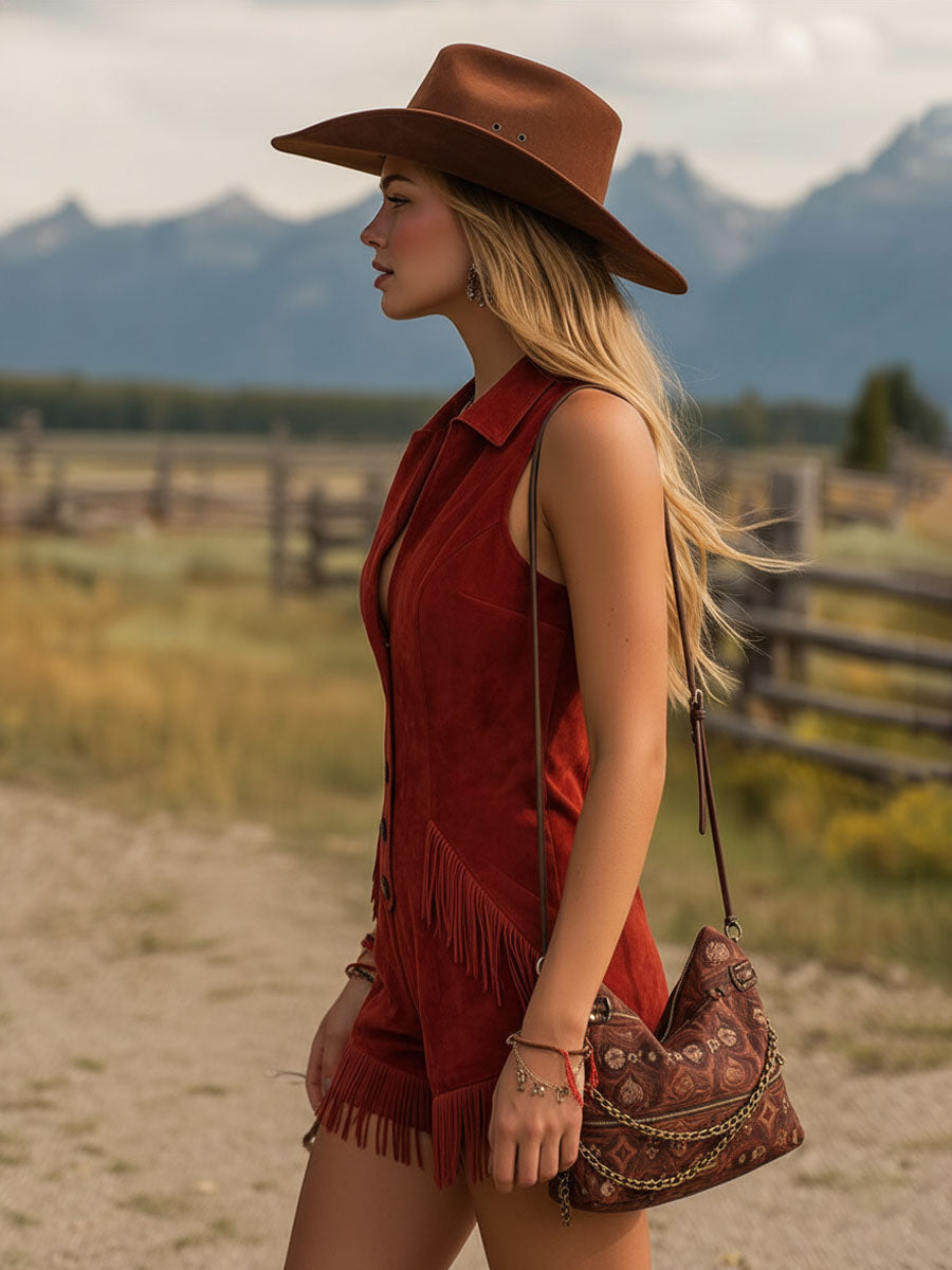 Western-style Retro Collared Button Sleeveless Faux Suede Tassel Short Jumpsuit