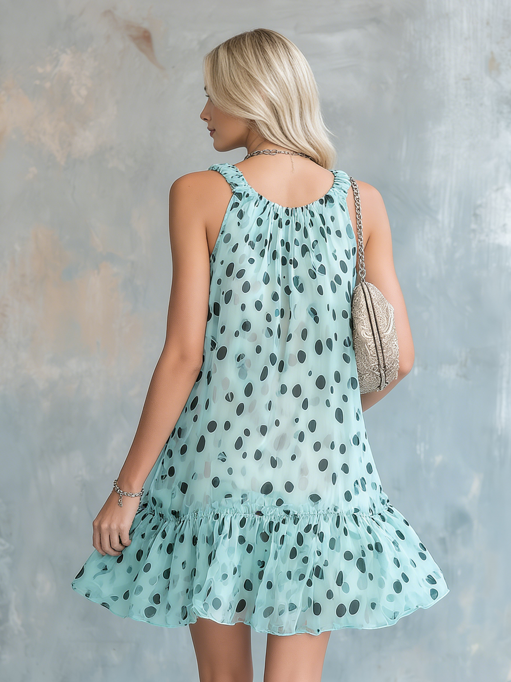 Stylish and Sophisticated Sleeveless Round Neck A-line Polka Dot Chiffon Mini Dress