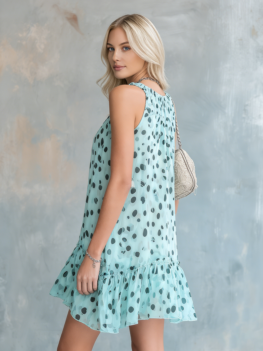Stylish and Sophisticated Sleeveless Round Neck A-line Polka Dot Chiffon Mini Dress