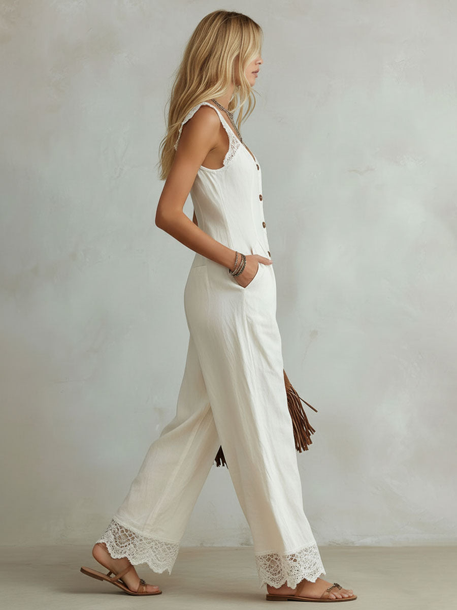 Retro Cotton And Linen Lace-trimmed Round Neck Sleeveless Jumpsuit