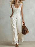 Retro Cotton And Linen Lace-trimmed Round Neck Sleeveless Jumpsuit