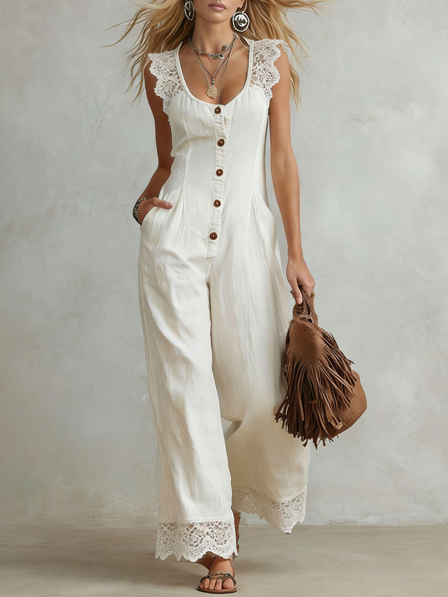 Retro Cotton And Linen Lace-trimmed Round Neck Sleeveless Jumpsuit