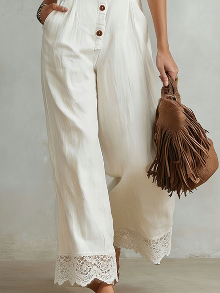 Retro Cotton And Linen Lace-trimmed Round Neck Sleeveless Jumpsuit