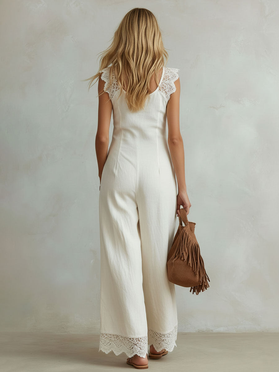 Retro Cotton And Linen Lace-trimmed Round Neck Sleeveless Jumpsuit