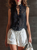 Western Bohemian Retro Black Lace Sleeveless Shirt and Linen Shorts Set