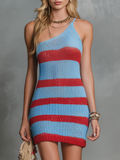 Relaxed and Sophisticated Sleeveless One-Shoulder Striped Knit Mini Dress