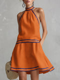 Elegant Colour-Block Trim Orange Cotton-Linen Halter Sleeveless Mini Dress