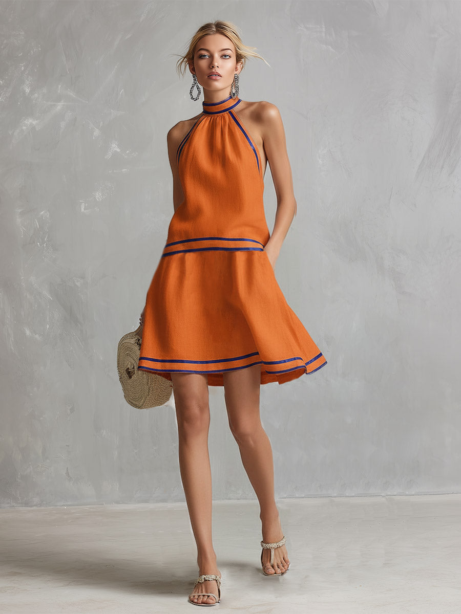 Elegant Colour-Block Trim Orange Cotton-Linen Halter Sleeveless Mini Dress