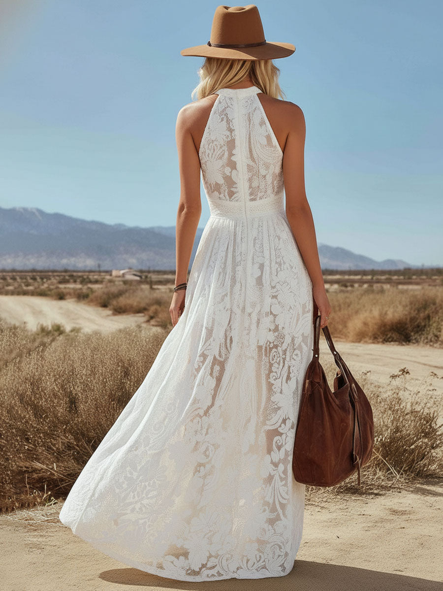 Retro Halter Neck Openwork Sleeveless Lace Maxi Dress