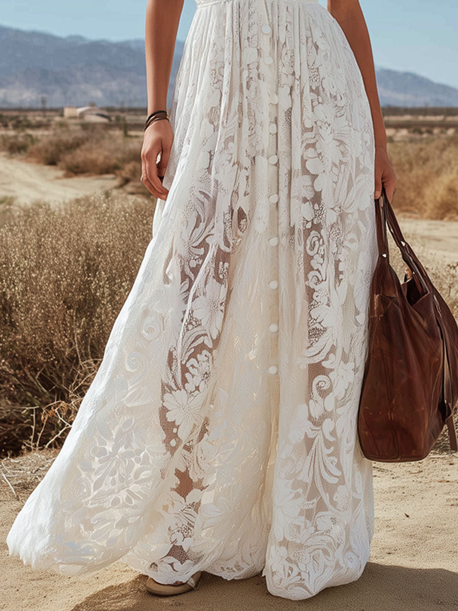 Retro Halter Neck Openwork Sleeveless Lace Maxi Dress