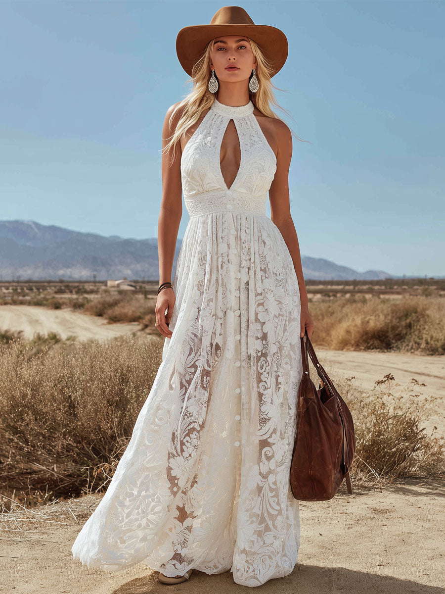 Retro Halter Neck Openwork Sleeveless Lace Maxi Dress