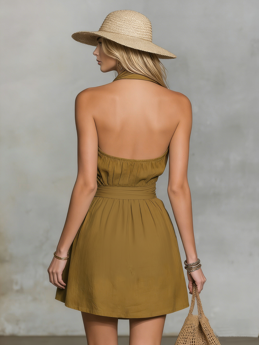 Casual Retro Halter-Neck Sleeveless Solid-Colour Mini Dress