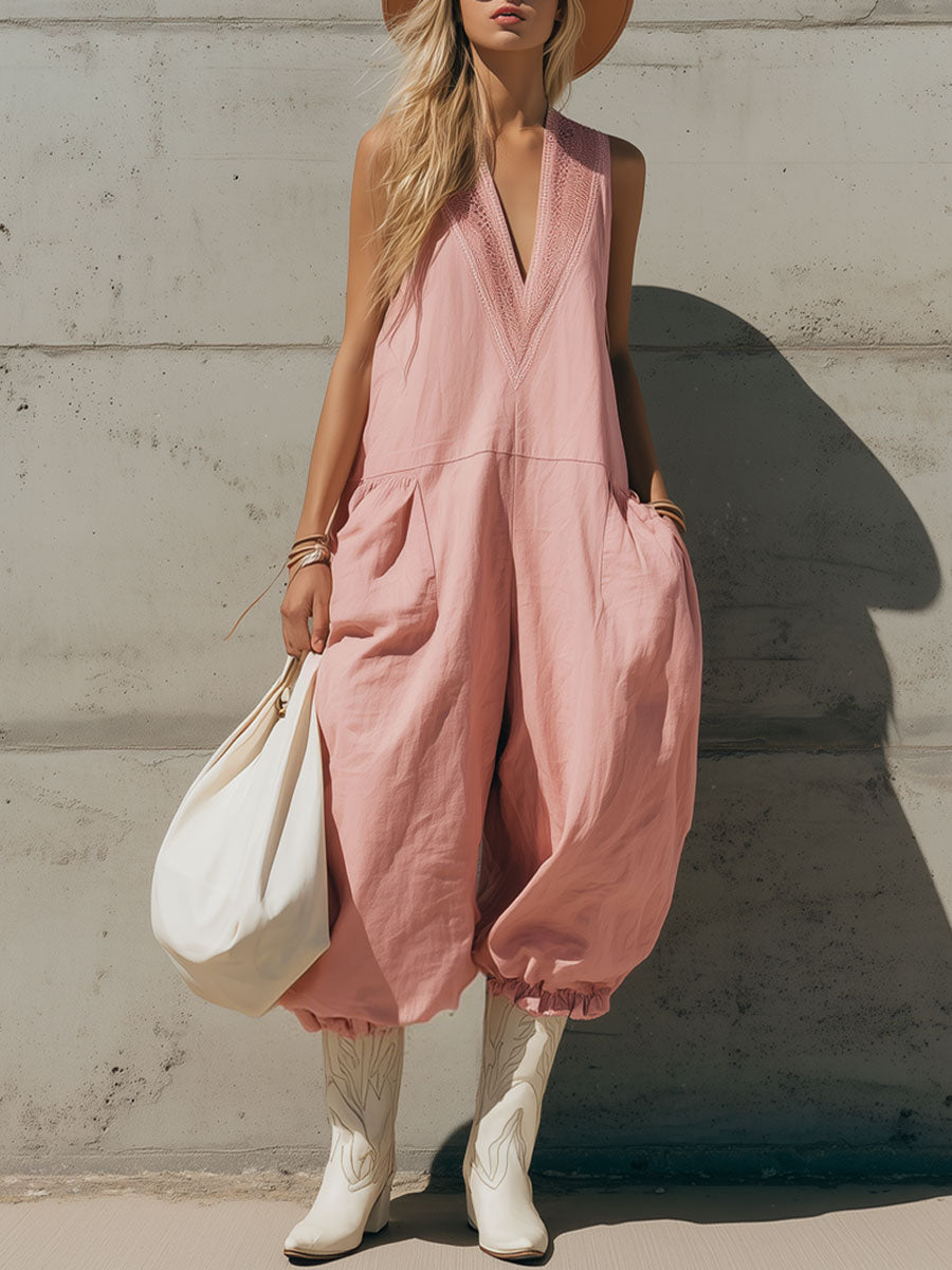 Casual Retro V-neck Lace Sleeveless Pink Cotton Linen Ruffle Jumpsuit