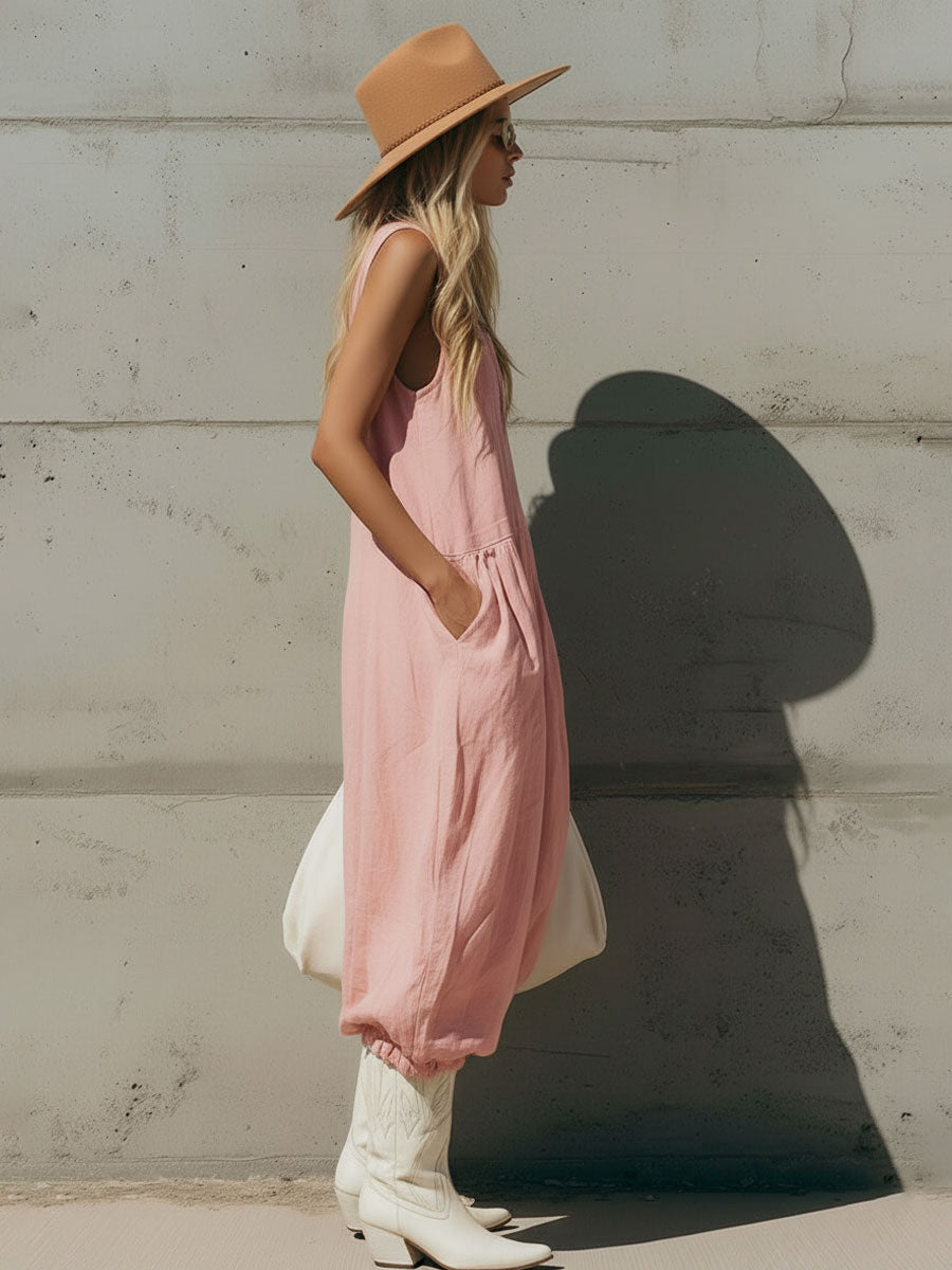 Casual Retro V-neck Lace Sleeveless Pink Cotton Linen Ruffle Jumpsuit