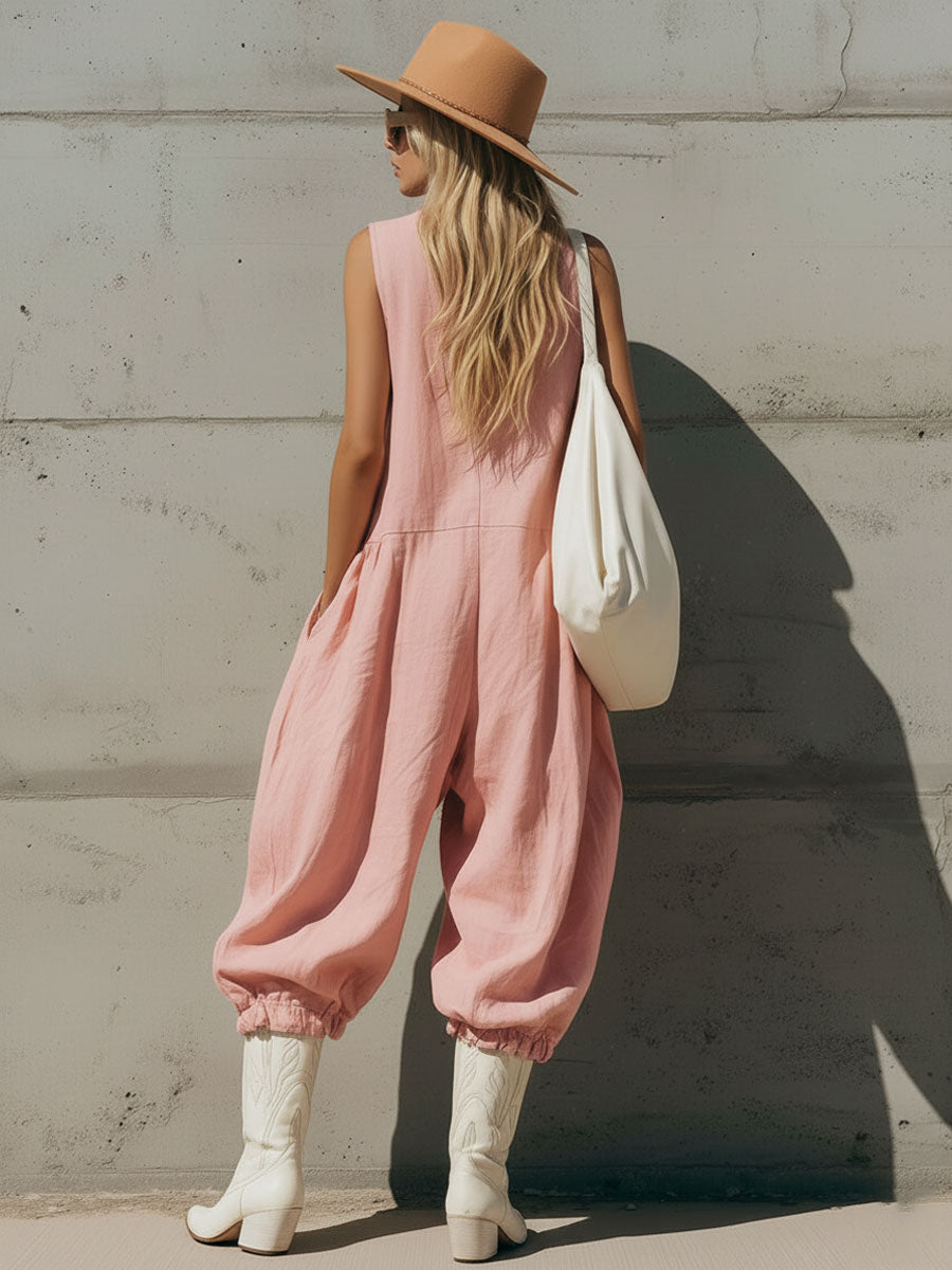 Casual Retro V-neck Lace Sleeveless Pink Cotton Linen Ruffle Jumpsuit