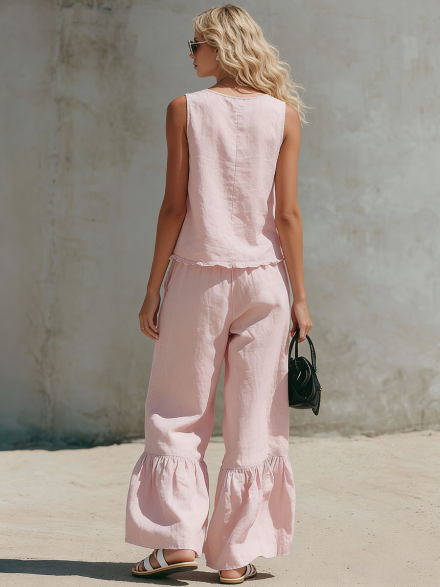 Casual Retro Pink Cotton Linen Sleeveless Shirt and Ruffled Pants Set