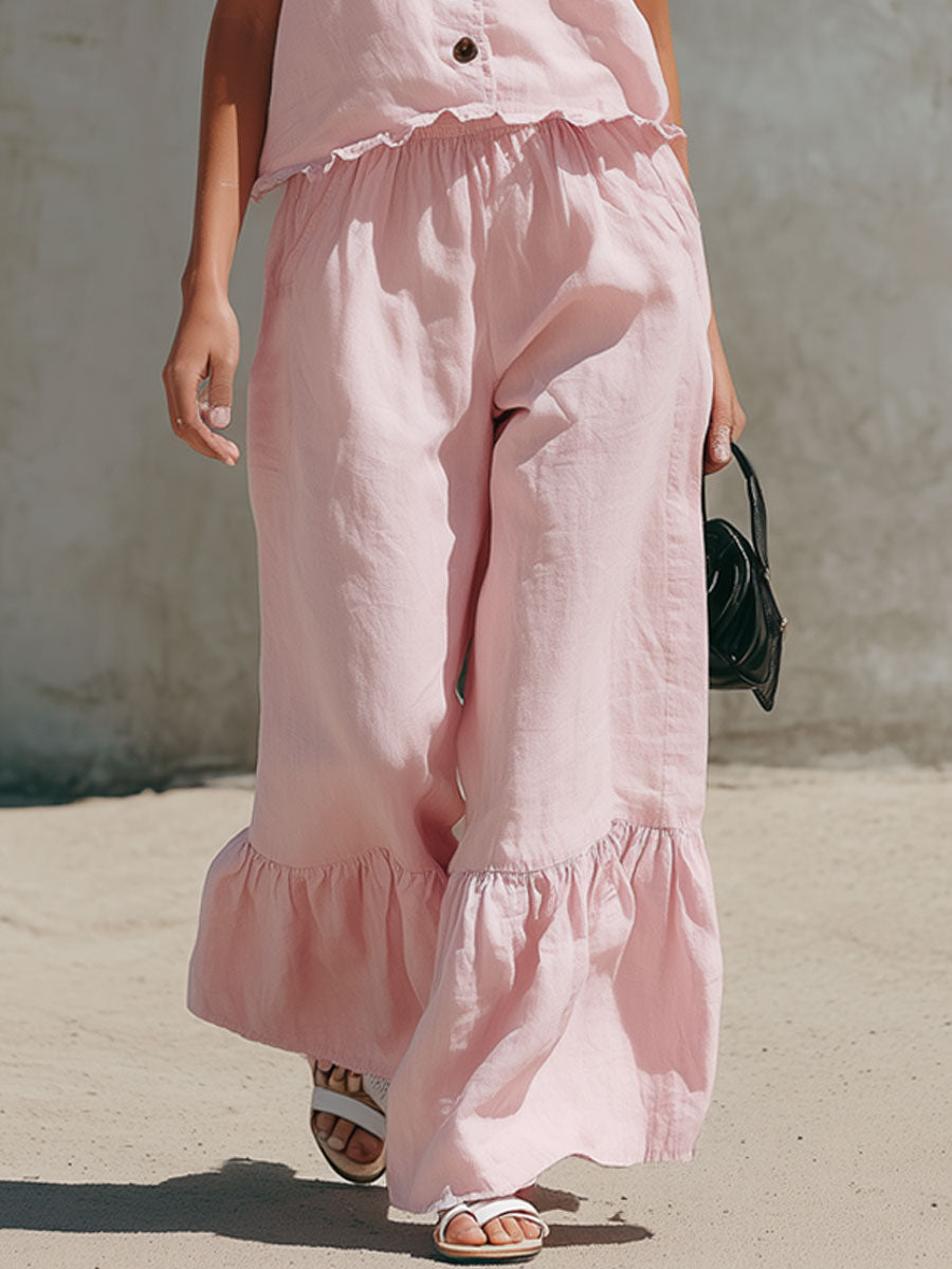 Casual Retro Pink Cotton Linen Sleeveless Shirt and Ruffled Pants Set