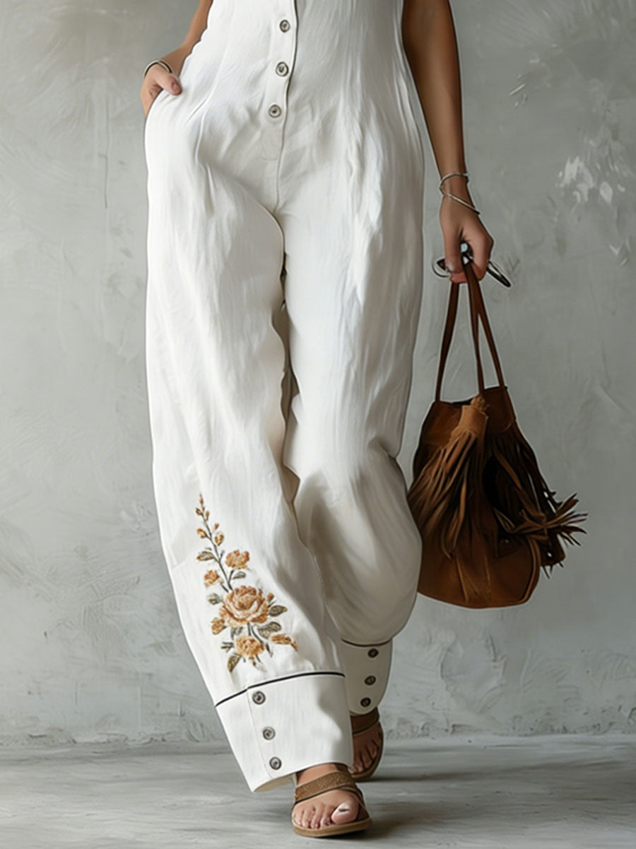Retro-style Collared Embroidered Cotton and Linen Sleeveless Jumpsuit